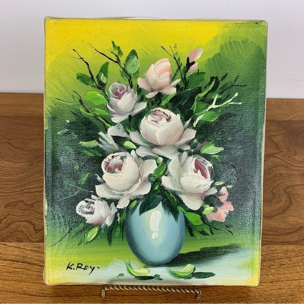 Oil Painting On Canvas Signed K Roy White Peonies Floral Unframed Vtg Original